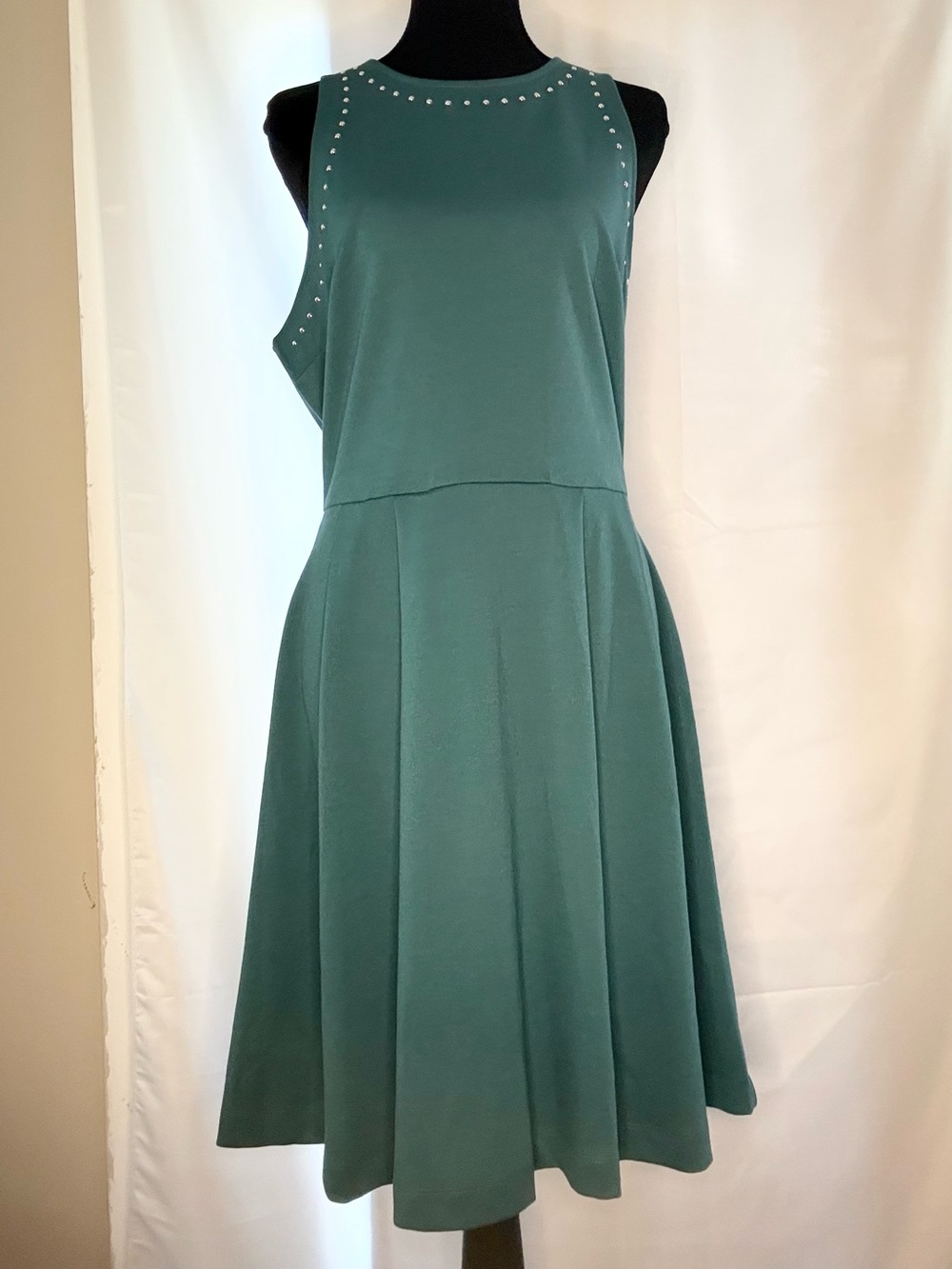 Teal Sleeveless Fit-and-Flare Midi Dress with Stud Accents